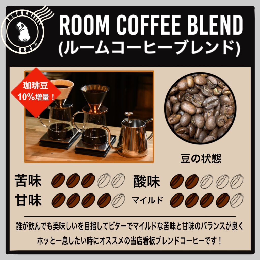 Room Coffee ブレンド
中深煎り珈琲豆